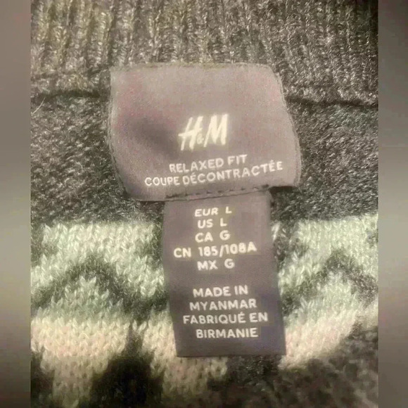 Men’s Relaxed Fit Jacquard Knit Pullover Sweater in gray white & greens LARGE - Picture 7 of 8